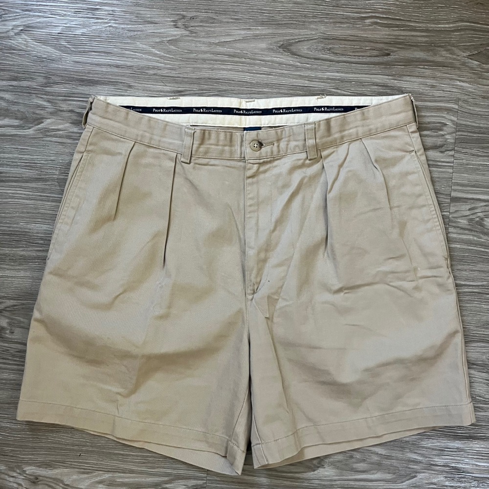 Polo Ralph Lauren Andrew Short Mens 36 Khaki Tan Pleated Chino Twill Cotton 6in